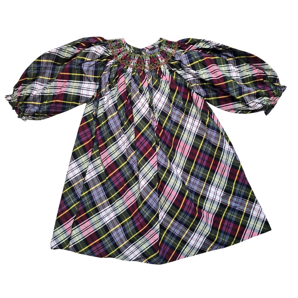 Carouselwear Kids Plaid Smocked Holiday Dress Puff‎ Sleeve Cotton Size 6